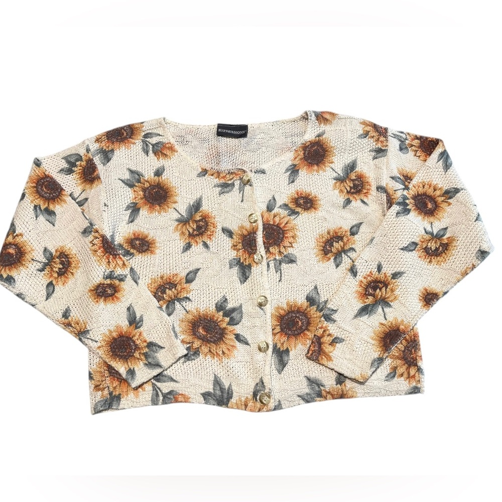 Vintage Knit Cardigan Sweater Sunflower Print Boxy Fit Size Medium Cottagecore